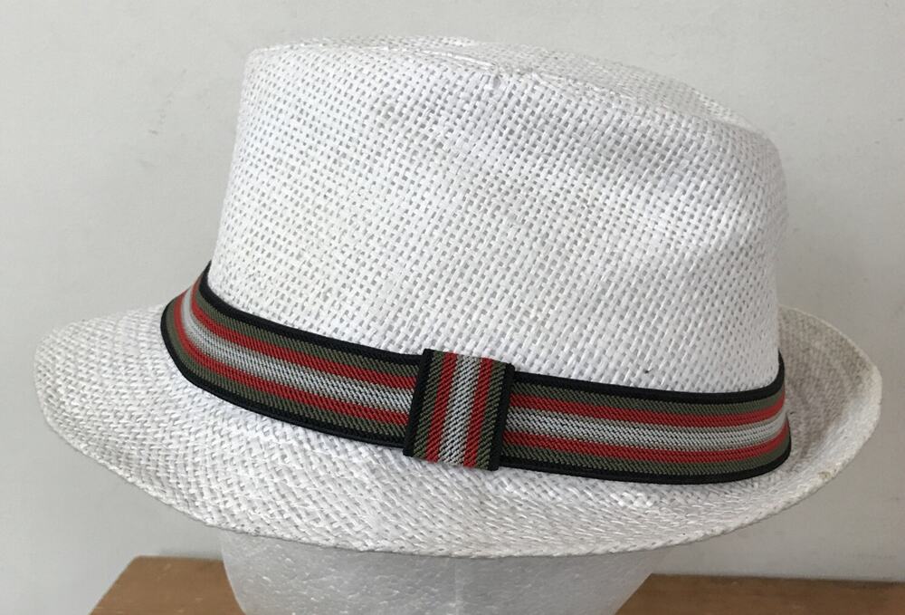 White Woven Paper Weave Multicolor Band Fedora Hat Size 58 23" Unisex